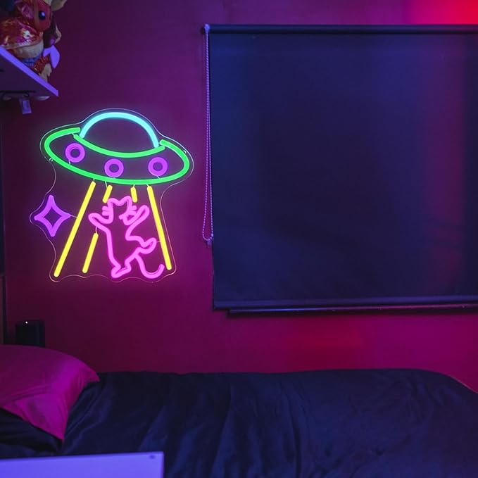 UFO Cat Neon Sign Fun Alien Neon Light Spacecraft LED Sign Adorable Pink Cat Neon Lights Signs for Bedroom Game Room Man Cave Bar Party Decoration Gifts for Kids Wall Art
