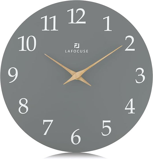 Lafocuse 12 Inch Silent Grey Wall Clock Battery Operated for Living Room Decor, Simple Minimalist Wooden Wall Clock for Kitchen Bedroom Office