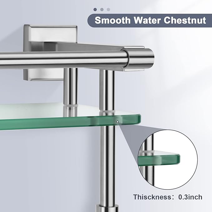 Glass Bathroom Shelf with Towel Bar, Stainless Steel Tempered Towel bar/Track Glass Bathroom Shelves Wall Mount Over The Toilet (Brushed Nickel, 20-inch)