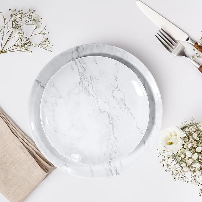 12-Piece Melamine Dinnerware Sets, Modern White Round Dish Set for 4 - Serving Plates and Bowls Sets for Snack, Dessert, Salad, Soup, Pasta - White Marble Pattern