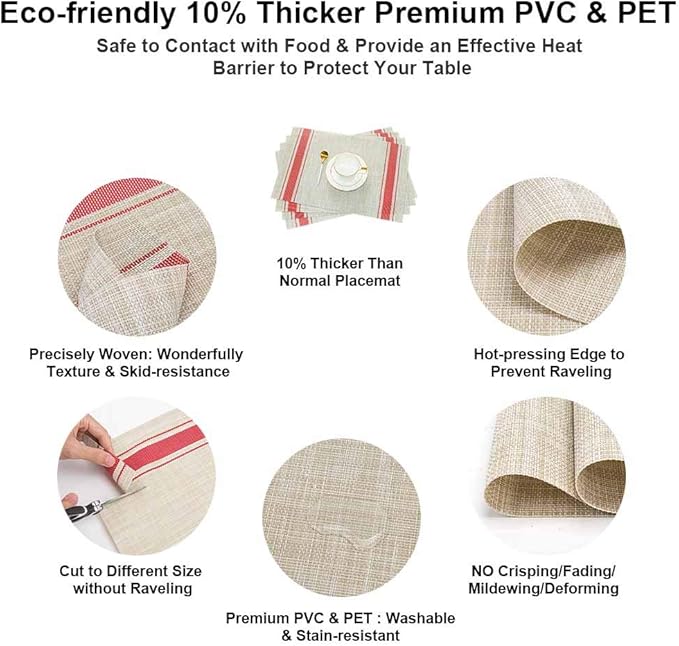 GIVERARE Placemats Set of 4, Heat-Resistant Woven Vinyl Placemat, Non-Slip Washable PVC Table Mat, Easy to Clean Premium Plastic Mats at for Dining, Kitchen Table (Stripe Red)