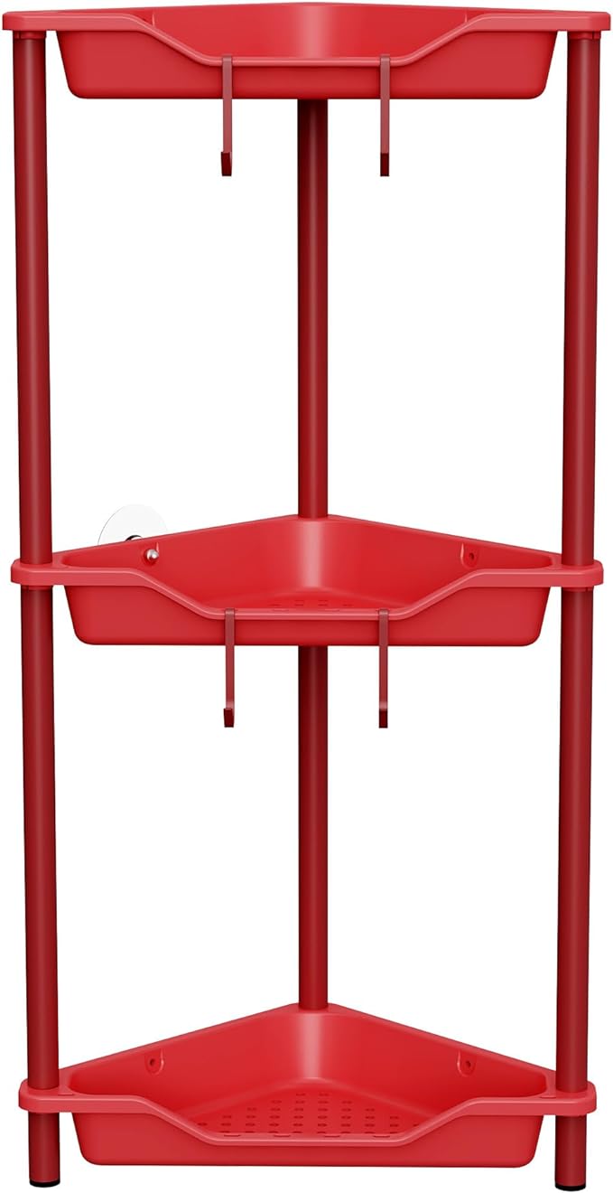 Orimade Rustproof 3 Tier Floor Standing Corner Shower Caddy Organizer, Plastic Metal Splicing Floor Corner Shelf Rack Stands for Bathroom, Red