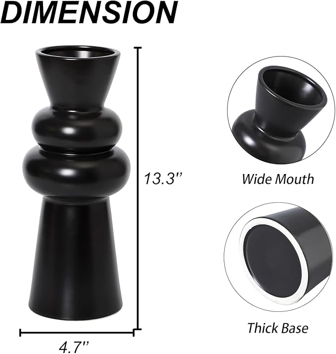 Black Floor Vase, Black Ceramic Vase for Home Decor, Modern Farmhouse Vases, Boho Tall Floor Vases for Living Room, Dining Table, Office, Shelf Decor, 13 Inches