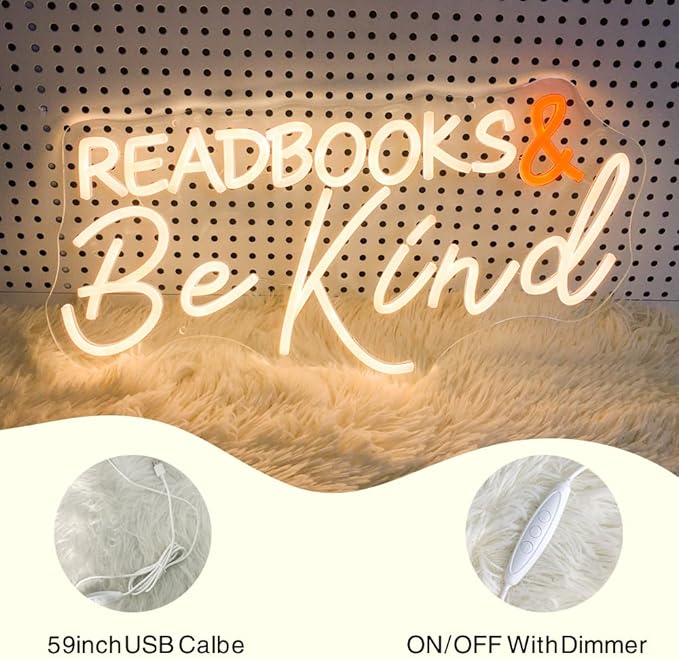 Read Books and Be Kind Neon Sign Letter LED Neon Lights Dimmable USB Powered Neon Light Student LED Neon Light for Classroom Bookstore Library Museum Study Room 19"x9.6"