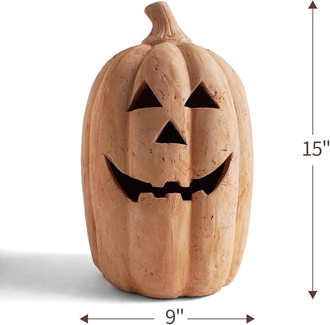 Fall Decor - Halloween Decorations - Handmade Terracotta Pumpkin Jack O' Lantern Outdoor Indoor -Cute Halloween Farmhouse Autumn Festival Decoration for Home Table Porch Mantel Front Door Room(Large)