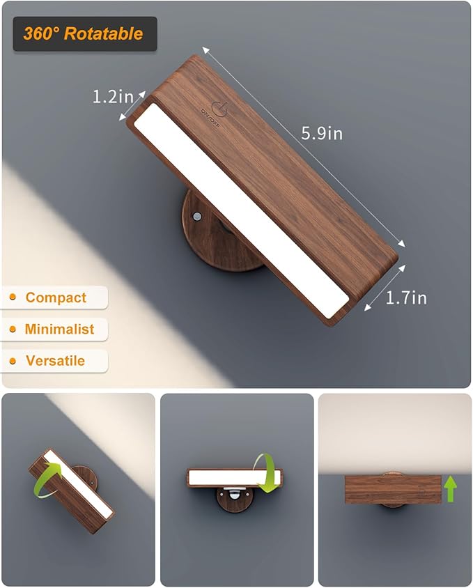 Wall Lights Battery Operated Wooden,Magnetic Wall Sconces Rechargeable,Adhesive Wall Lights for Bedroom,Dimmable Wall Mounted Bedside Lamp,Cordless Battery Wall Sconce for Bedroom Reading