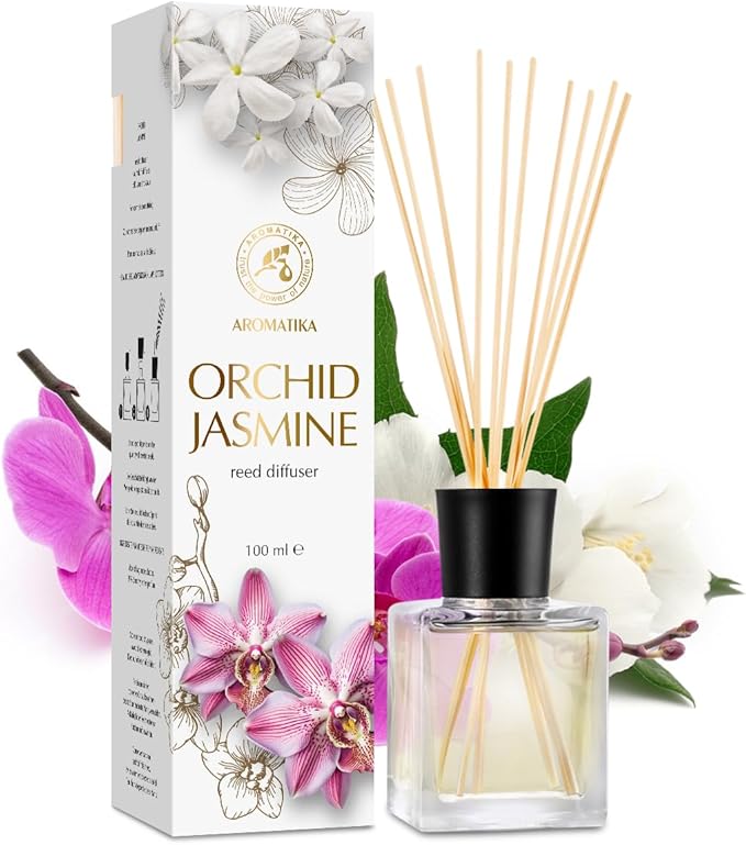 Reed Diffuser Orchid-Jasmine 3.4 Fl Oz - Fresh & Long Lasting Fragrance - Gift Set with 10 Bamboo Sticks - Good for Aromatherapy - Spa - Home - Kitchen - Bath - Office