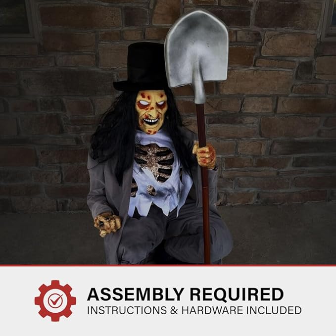 Haunted Hill Farm Motion-Activated Crouching Grave Digger by Tekky, Talking Halloween Animatronic for Indoor or Covered Outdoor Creepy Halloween Decorations, Plug-in or Battery Operated Fright Props
