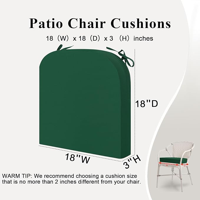 Outdoor Chair Cushions Set of 2, Waterproof Memory Foam Patio Seat Cushions with Ties for Garden Sofa & Dining Furniture, 3-Year Color Fastness, 18x18x3 Inch, Green