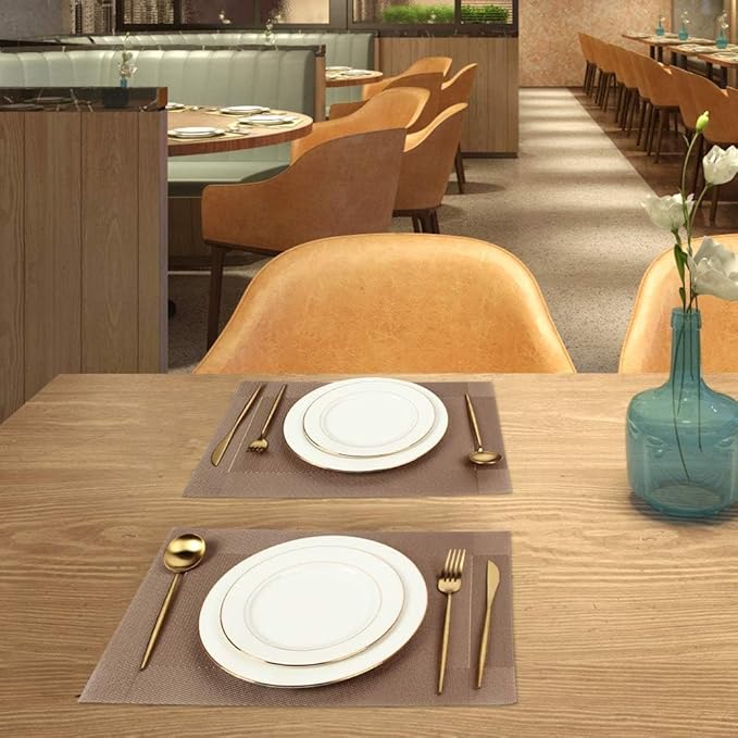 DACHUI Placemats Set of 8, Stylish Woven Place Mats for Dining Table, Washable & Durable PVC Table Mats (Champagne)