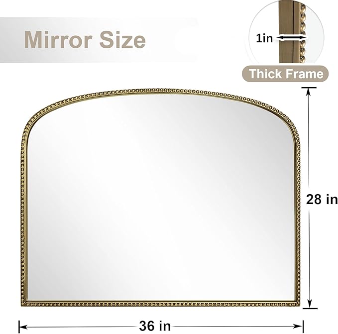 36"X28" Arched Mirror,Metal Beaded Frame Mirror for Wall,Ornate High-Definition Mirrors,Fit for Fireplace, Living Room,Hallway,Bathroom,Antique Gold