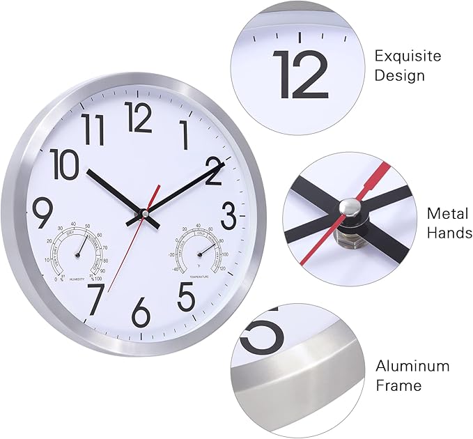 12 Inch Wall Clock with Temperature & Humidity, Battery Operated Aluminum Frame Wall Clocks, Sweep Silent Movement Accurate Clocks for Home Housewarming Xmas New Year Present