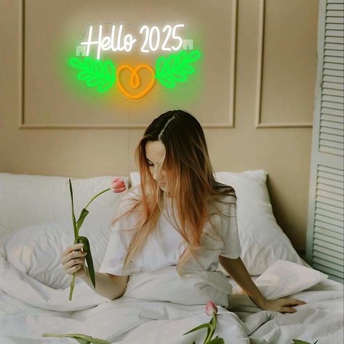 Lucunstar Hello 2025 Neon Sign,Neon Sign 2025,Led Neon Light for Wall Decor,Light Up Sign for Bedroom Decor,Dimmable Switch USB Connectivity Neon Signs for Holiday Party Light,Festival Celebration