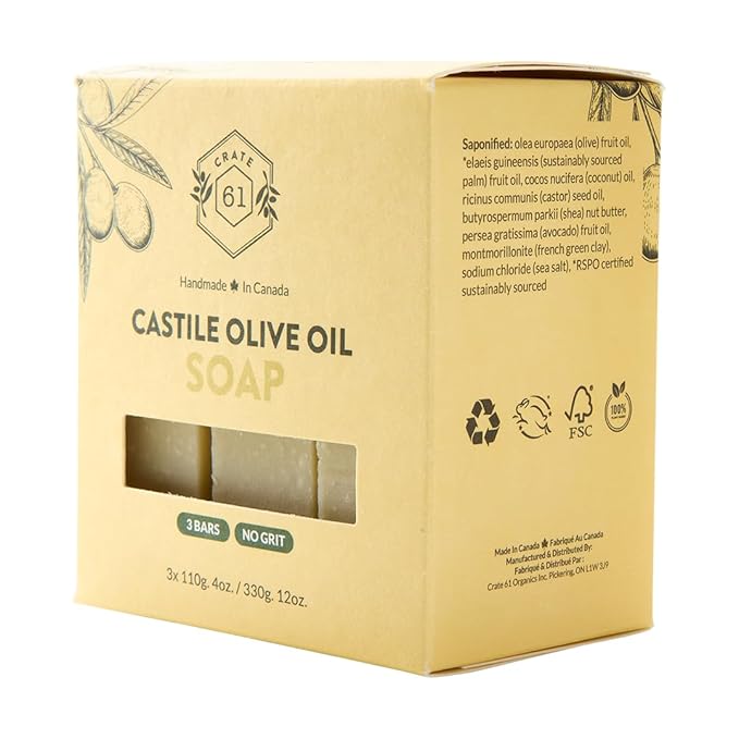 Crate 61, Handmade in Canada, Plant Based Cold Process Natural Bar Soap For Face And Body, With Premium Essential Oils, For Men And Women 3 Pack (Castile (Unscented))