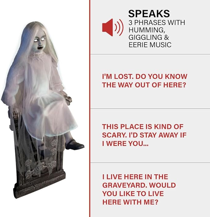 Haunted Hill Farm Motion-Activated Sitting Tombstone Girl by Tekky, Talking Animatronic for Indoor or Covered Outdoor Creepy Halloween Decorations, Plug-In or Battery Operated Prop