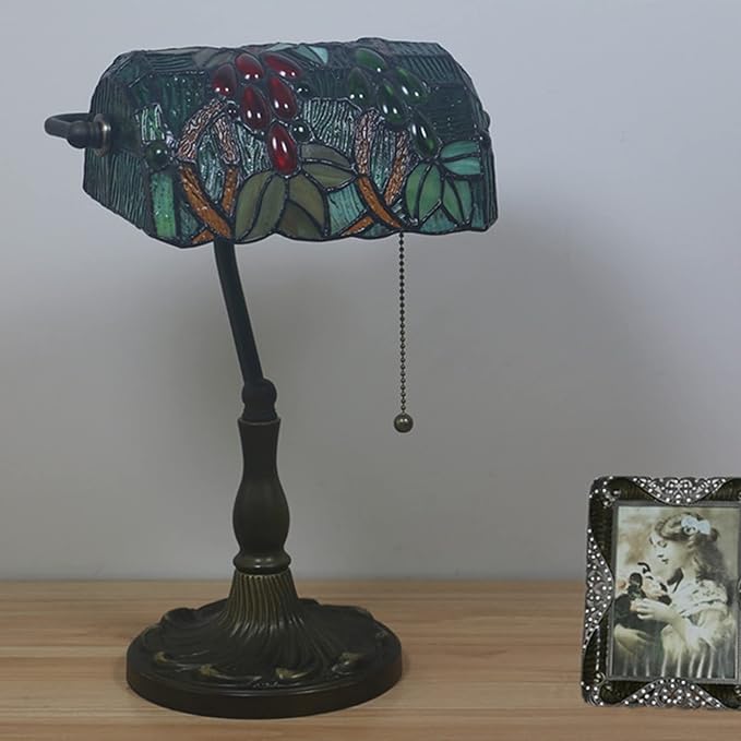 Tiffany Style Bankers Table Lamp Stained Glass Piano Desk Lamp Vintage Bedroom Bedside Lamp for Study,Antique Alloy Base,Zipper Switch,Grape