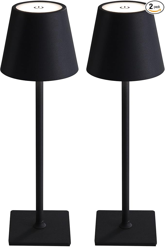 KDG 2 Pack Cordless Table Lamp,Portable LED Desk Lamp, 5000mAh Battery Operated, 3 Color Stepless Dimming Up, for Restaurant/Bedroom/Bars/Outdoor Party/Camping/Coffee Shop Night Light(Black)