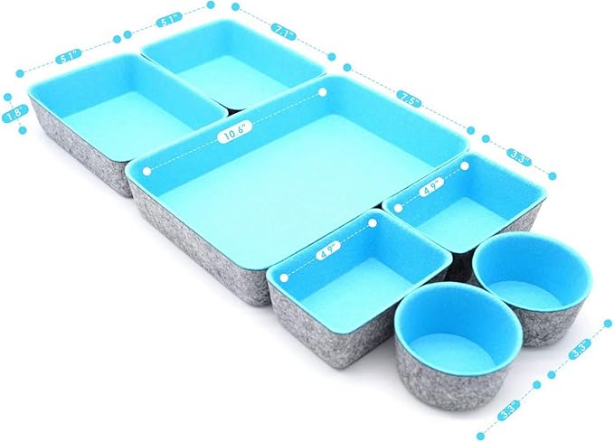 Welaxy Drawer organizers bins felt storage bin office organizer Shallow Small Desk organizer trays Draw dividers 7-piece Gifts Idea (Sky blue)