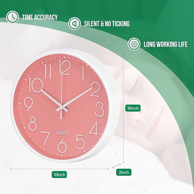Wall Clock 10 Inch Non-Ticking Silent Modern Simple Style Round Decor Clock Peach Pink Stereoscopic Dial Quartz Wall Clocks for Home/Office/School/Living Room/Bedroom/Kitchen