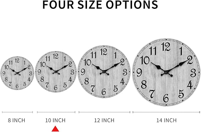 HYLANDA Wall Clock, 10 Inch Wall Clocks Battery Operated Silent Non Ticking, Country Wooden Clocks Farmhous Clock for Bathroom, Living Room, Kitchen, Bedrooms (Gray)