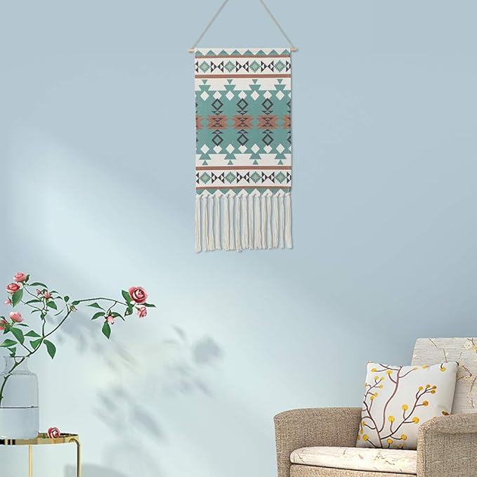 Dremisland Macrame Woven Wall Hanging Tapestry- Boho Chic Bohemian Home Decor Geometric Art Decor Boho Backdrop - Beautiful Apartment Dorm Room Door Decoration, 17.7" W x 32" L (Green Geometric)
