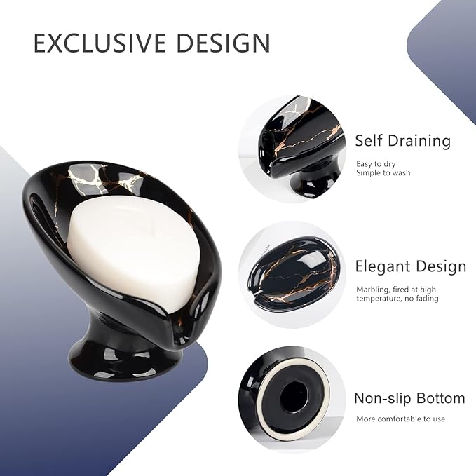 Soap Dish, Ceramic Soap Holder Self Draining Leaf Shape Bar Soap Holder, Marble Look Black Drain Soap Dish Holder for Bathroom, Easy to Clean Keeps Soap Dry, ANTIS'S HOME