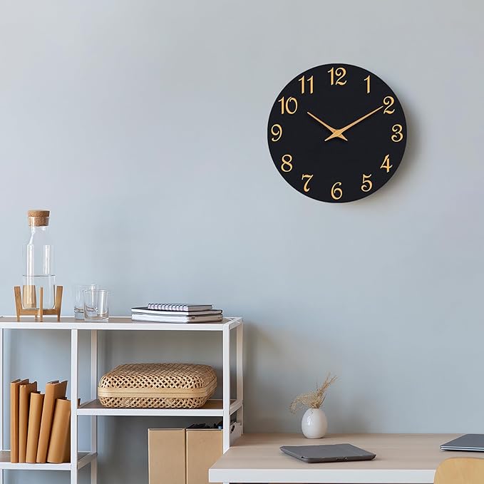 Wall Clock 14 Inch, Modern Wall Clocks Battery Operated, Silent Non Ticking Clock Decorative for Living Room, Office, Home, School (Black Gold)
