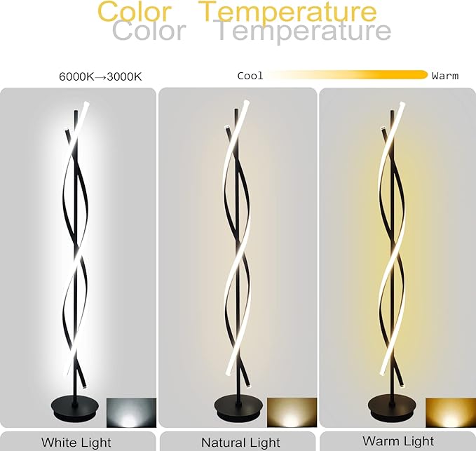 61" LED Floor Lamp for Living Room, 40W 3 Colors Stepless Dimmable and Color-Changing Bright Floor Standing Lamp,Unique Spiral Floor Tall Lamp for Bedroom Office with Remote (Black)