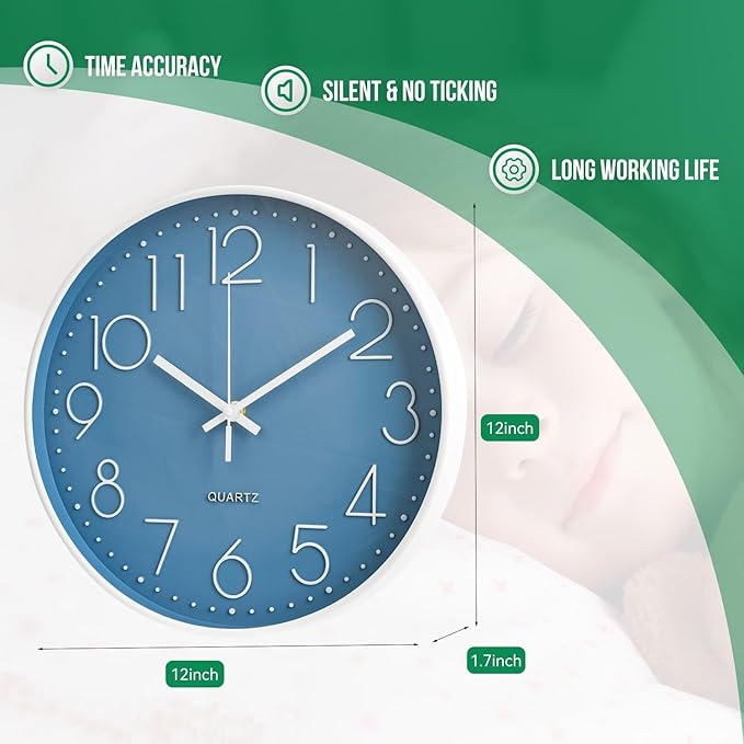 Wall Clock 12 Inch Non-Ticking Silent Modern Simple Style Round Decor Clock Cerulean Stereoscopic Dial Quartz Wall Clocks for Home/Office/School/Living Room/Bedroom/Kitchen