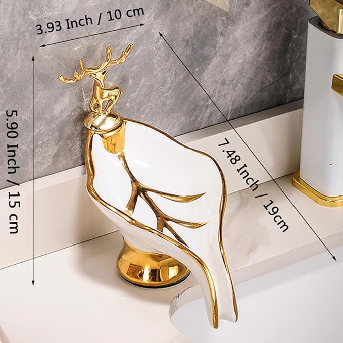 Ceramic Soap Dish, Self Draining Soap Holder Shower, Soap Bar Dishes,Creative Leaf Shape Soap Tray with Gold Plastic Deer for Bathroom, Kitchen, Sink, Countertop, Easy to Clean (Gray)