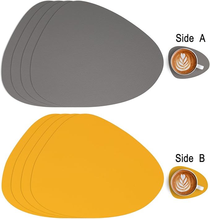 Myir JUN Placemats, Dual-Sided Placemats Waterproof Faux Leather Placemats Set of 6 Place Mats and Coasters Non-Slip Washable Table Mats for Dining Table (Gray Yellow, Set of 6)