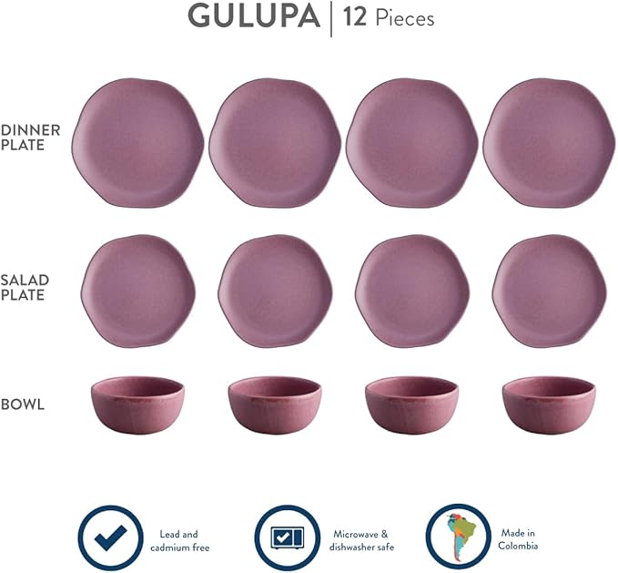 Corona Dinnerware Set 12–piece, Plates and Bowls Set, Ceramic Sets for 4, Microwave and Dishwasher Safe, Gulupa Reactive Glaze, Bold & Matte Set.