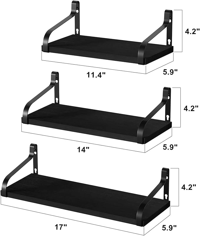 Love-KANKEI Floating Shelves Wall Mounted Set of 3, Large Wood Wall Shelves for Storage, Rustic Shelves for Display Bathroom,Bedroom,Living Room,Kitchen,Office and More Black