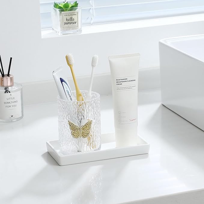 Luxspire Bathroom Vanity Tray, Mini Soap Dispenser, Small Ceramic Perfume and Jewelry Dish, Trinket Holder, Rectangle Candle Tray, Bath Organizer Kitchen Sink Narrow Dish, White