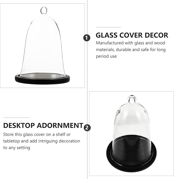 Cupcake Clear Glass Dome Cloche with Rustic Wooden Base Antique Bell Jar Display Dome for Plants Succulents Fairy Lights Photos Medals Decorative Fill and More Black Mini Cake Stand