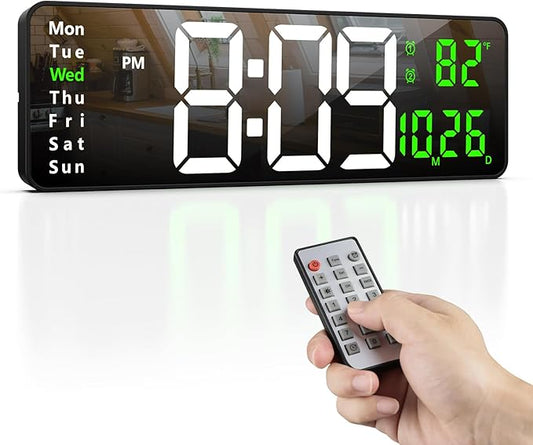 Zgrmbo 16-inch Digital Wall Clock with Remote Control, Large Display Digital Clock with Date, Indoor Temp, Week, 12/24H, Auto Dimming, A Wall Clock Suitable for Living Room, Warehouse, Shop, Gym