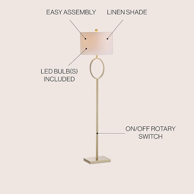 JONATHAN Y JYL1089A April 61" Metal LED Floor Lamp, Modern, Contemporary, Glam, Traditional, Office, Living Room, Family Room, Dining Room, Bedroom, Hallway, Foyer, Brass