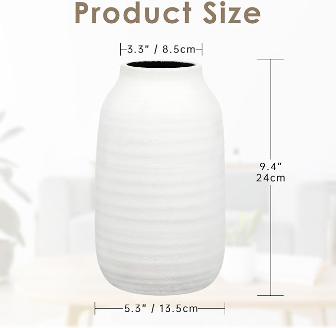 Briful 9.4'' Rustic Ivory Ceramic Vase, Vintage Farmhouse Decor, Whitewashed Terra Cotta Antique Pottery Pampas Vases for Home Living Room Kitchen Mantel Table Shelf Decorations