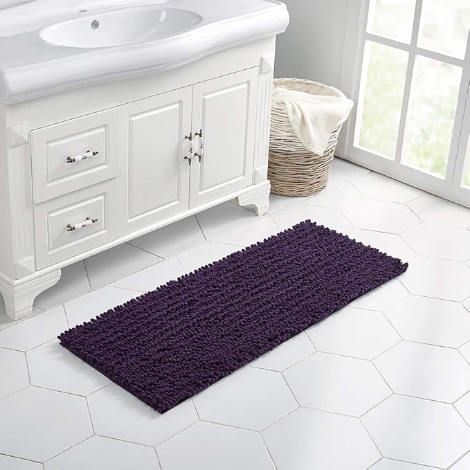 Walensee Large Bathroom Rug Non Slip Bath Mat (24x60 Inch Dark Purple) Water Absorbent Super Soft Shaggy Chenille Machine Washable Dry Extra Thick Perfect Absorbant Best Plush Carpet for Shower Floor