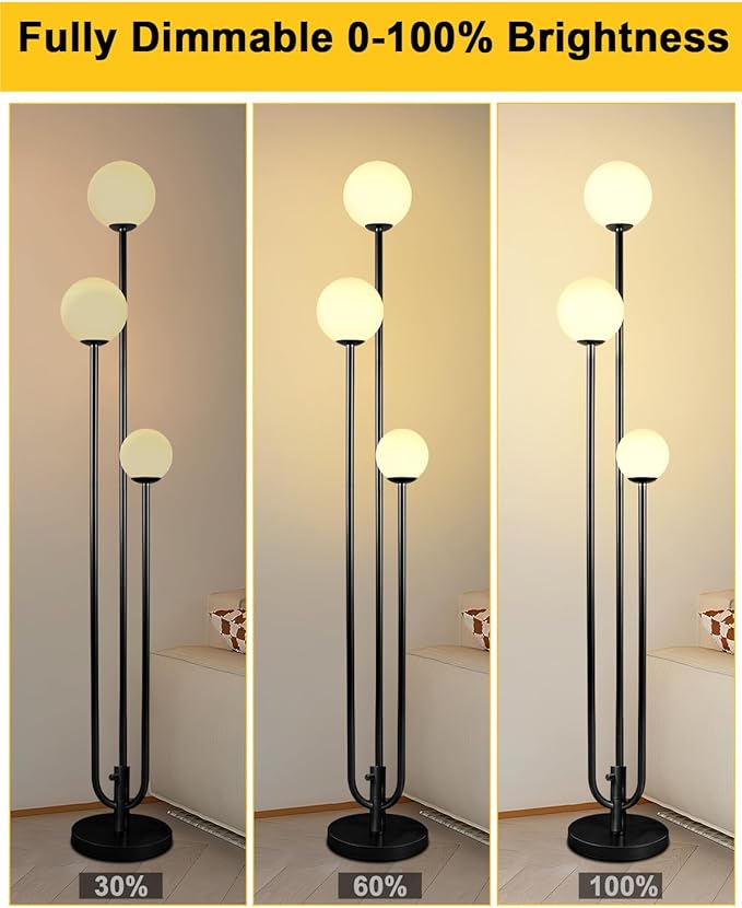 63IN 3-Light Dimmable Floor Lamp, Unique Tall Standing Lamps with 3 Black Poles and 3000K G9 Bulbs for Reading, Mid Century Modern Floor Lamp for Living Room Bedroom Office