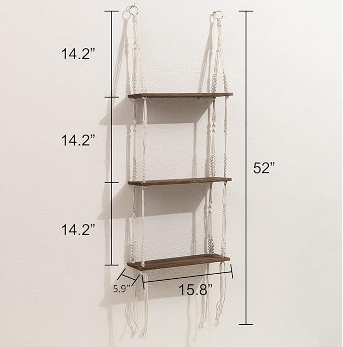 WOOD MEETS COLOR 3 Tier Macrame Wall Hanging Shelves with Artificial Ivy Leaves,Boho Room Decor Handmade Cotton Rope,Wooden Hanging Storage Floating Shelves for Small Plants,Living Room Bedroom