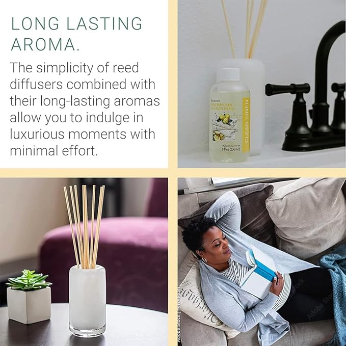 SpaRoom Reed Diffuser Oil Refill – Clean Linen Scent, 8oz Crisp and Refreshing Blend with Lemon Accents, Light and Airy Aroma for Bathroom, Bedroom, or Living Room, Long Lasting Fresh Scent