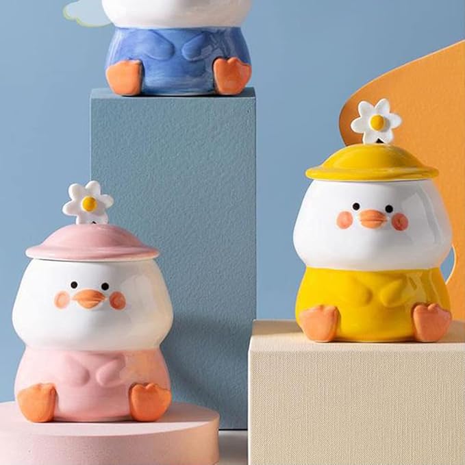 Cute 3D Duck Coffee Mug,Funny Duck Ceramic Coffee Cup with Hat Lid and Lovely Flower Spoon,Suit for mug warmer,Novelty Morning Mug Christmas Birthday Present for Office Friends Women Girls