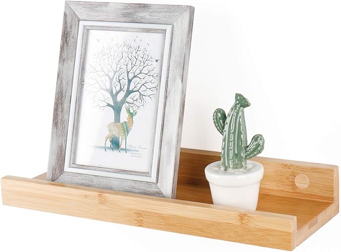 Natural Bamboo Floating Shelves Wall Mounted Rustic Wood Wall Shelves Wooden Wall Storage Organizer Home Decor Living Room Kitchen Bedroom (Natural,13.8 in)