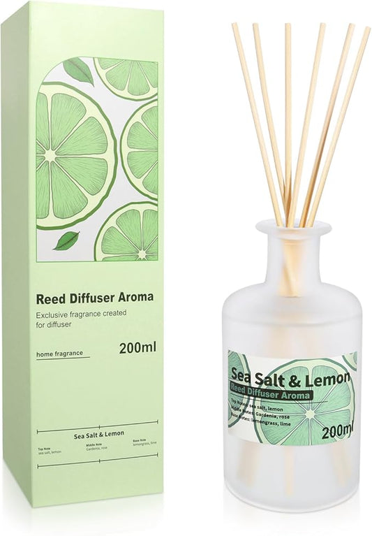 Reed Diffuser Set - Sea Salt & Lemon Essential Oil with Rattan Sticks, 200ml(6.8fl oz) Long Lasting Aroma Oils, Bathroom Air Freshener, Home Fragrance for Room Decor