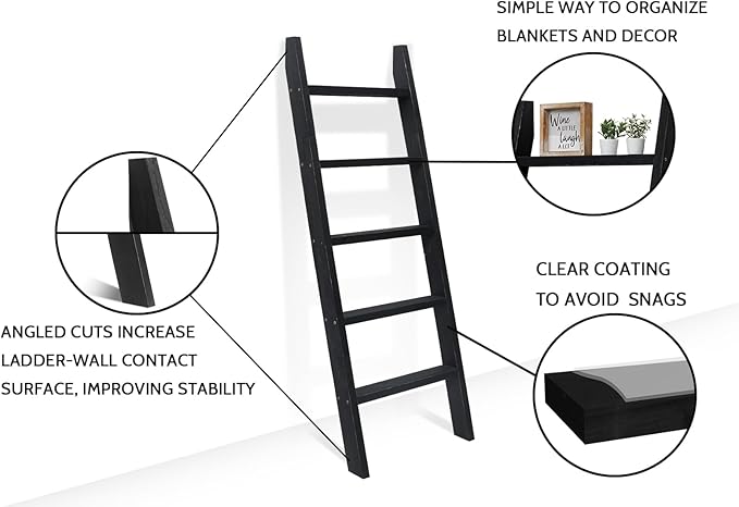 FUIN 5ft (58") Wood Blanket Ladder Living Room Decorative Wall Leaning Farmhouse Quilt Display Holder Shelf Rustic Wooden Towel Rack for Bathroom, Black