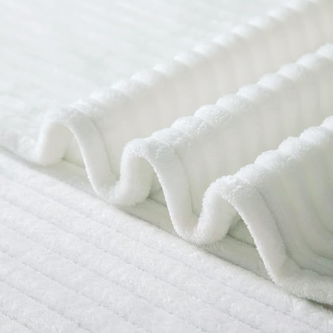 Vessia Flannel Fleece White Throw Blanket(50X70 Inch), Lightweight Warm and Soft Stripe Couch Blanket, Bed Blanket, Cozy Comfy Microfiber Ribbed Sofa Decor for All Season