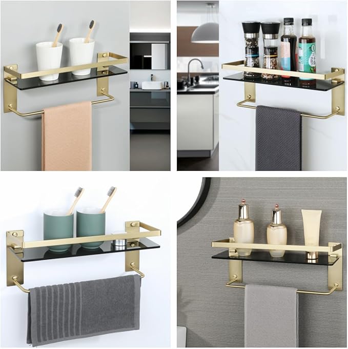 Alise Bathroom Shelves Glass Shelf with Bar,Wall Mount Floating Shelves for Bathroom,1 Tier Tempered Glass Holder Storage Organizer,SUS304 Stainless Steel Gold and Black GDL2001-GB