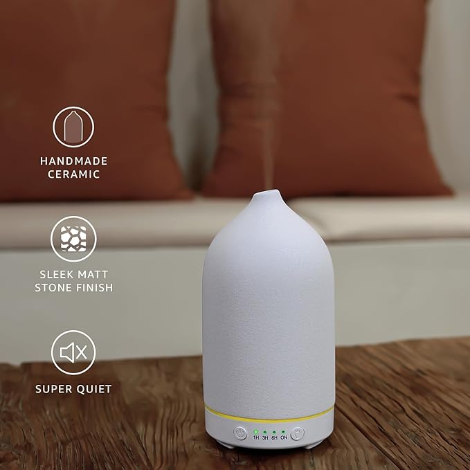 200ML Ceramic Diffuser,Aromatherapy Diffuser,Essential Oil Diffuser with 7 Color Lights Auto Shut Off for Home Office Room,White (1/3/6/ON hrs Working time)