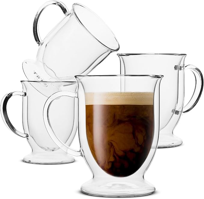 BTaT- Coffee Mug, Coffee Glass, Large, Set of 4 (16oz, 500ml), Double Wall Glass Coffee Cups, Tea Cups, Latte Cups, Glass Coffee Mug, Beer Glasses, Latte Mug, Clear Mugs, Glass Cups, Christmas Gift